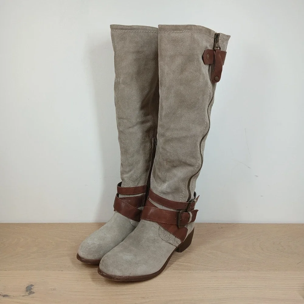 Aldo Knee High Boots Womens 6 Gray Suede Leather Buckle Riding Boho Casual